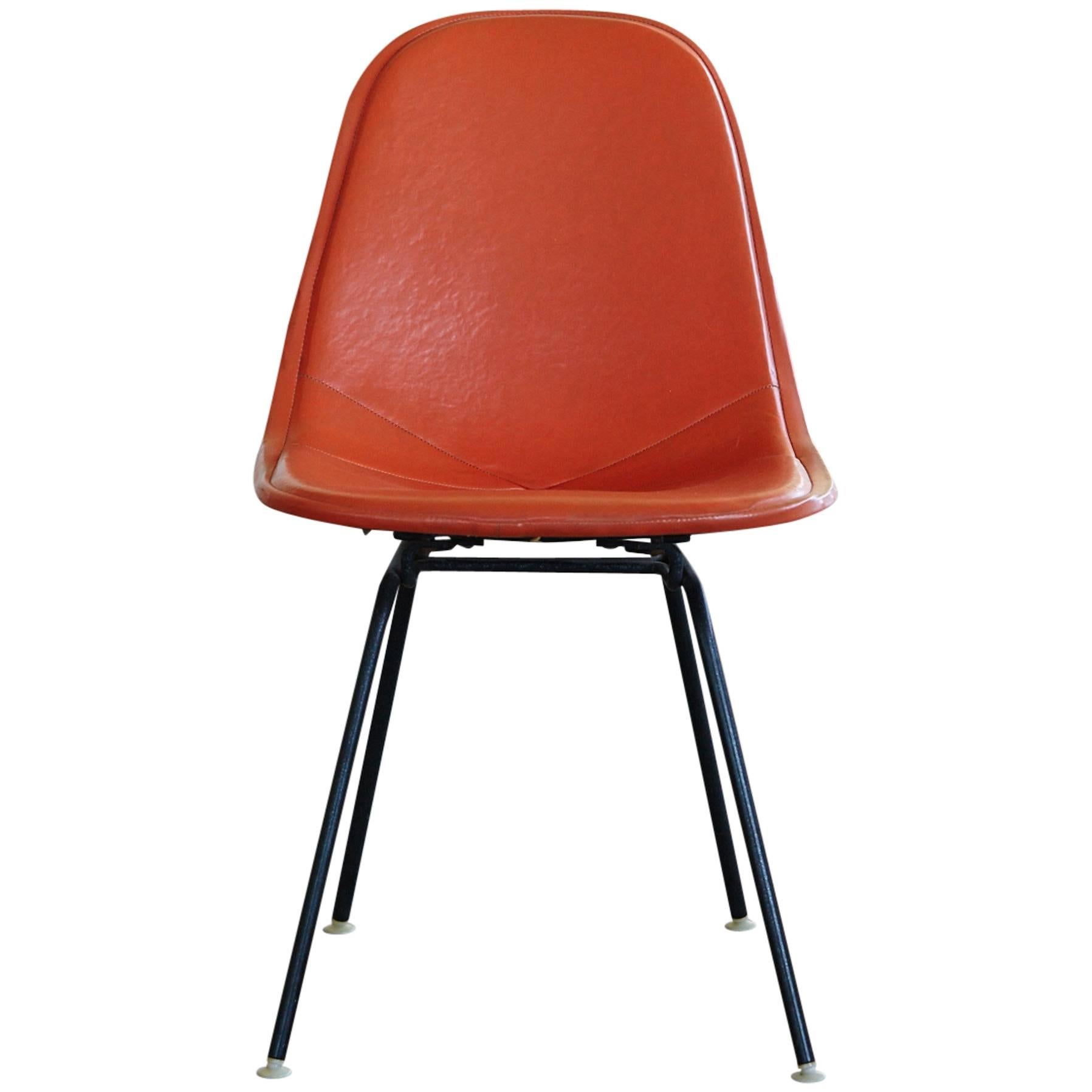 Original Eames DKX-1 Side Chair in Orange Leather for Herman Miller, 1960s For Sale