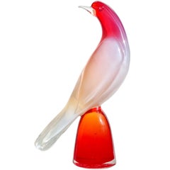 Berto Toso Murano Opalescent White Red Italian Art Glass Bird Sculpture