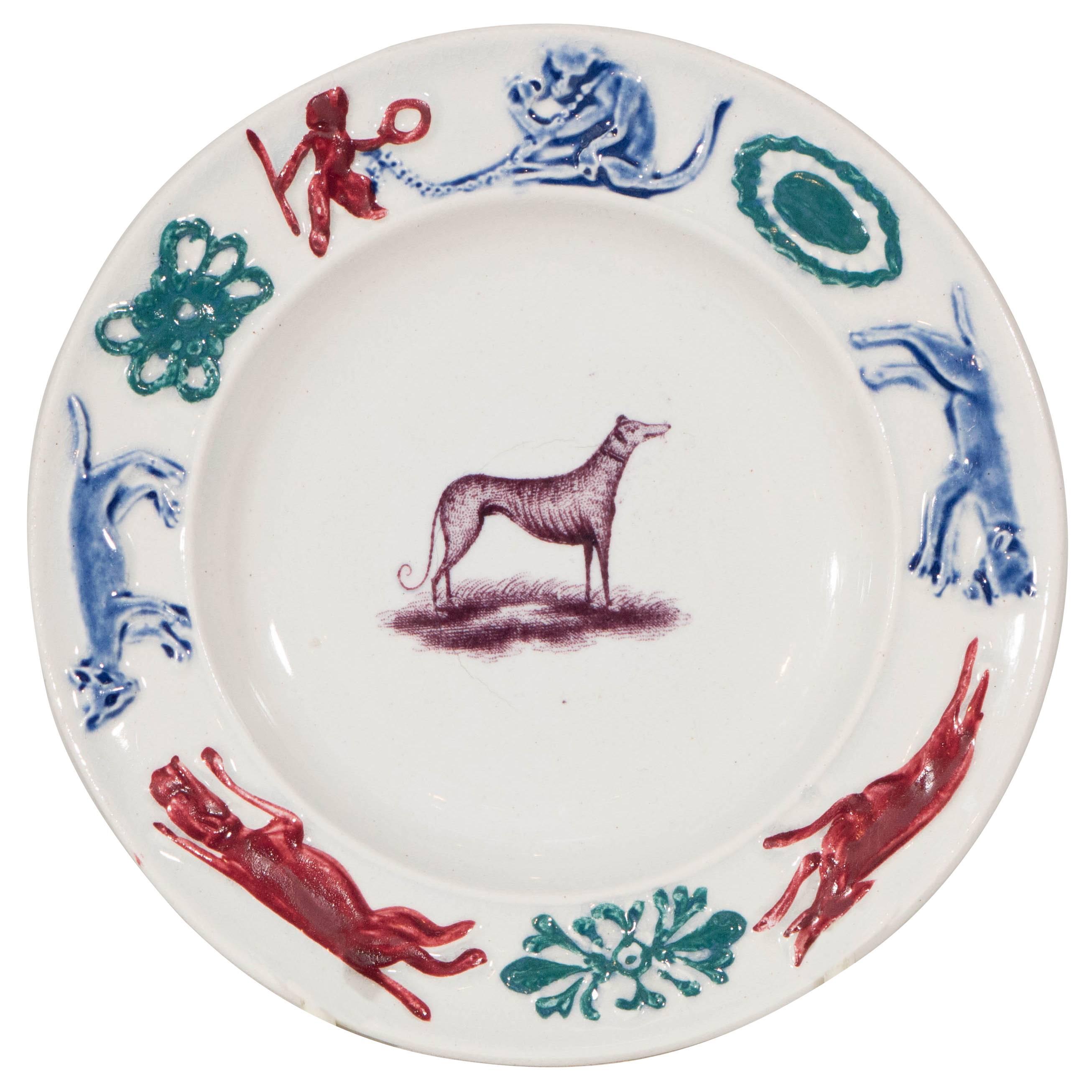  Antique Staffordshire Pottery Child's Plate Decorated with a Dog Monkey and Fox