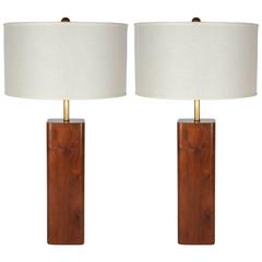 Pair of Mid-Century Solid Walnut Lamps with Block Column Design