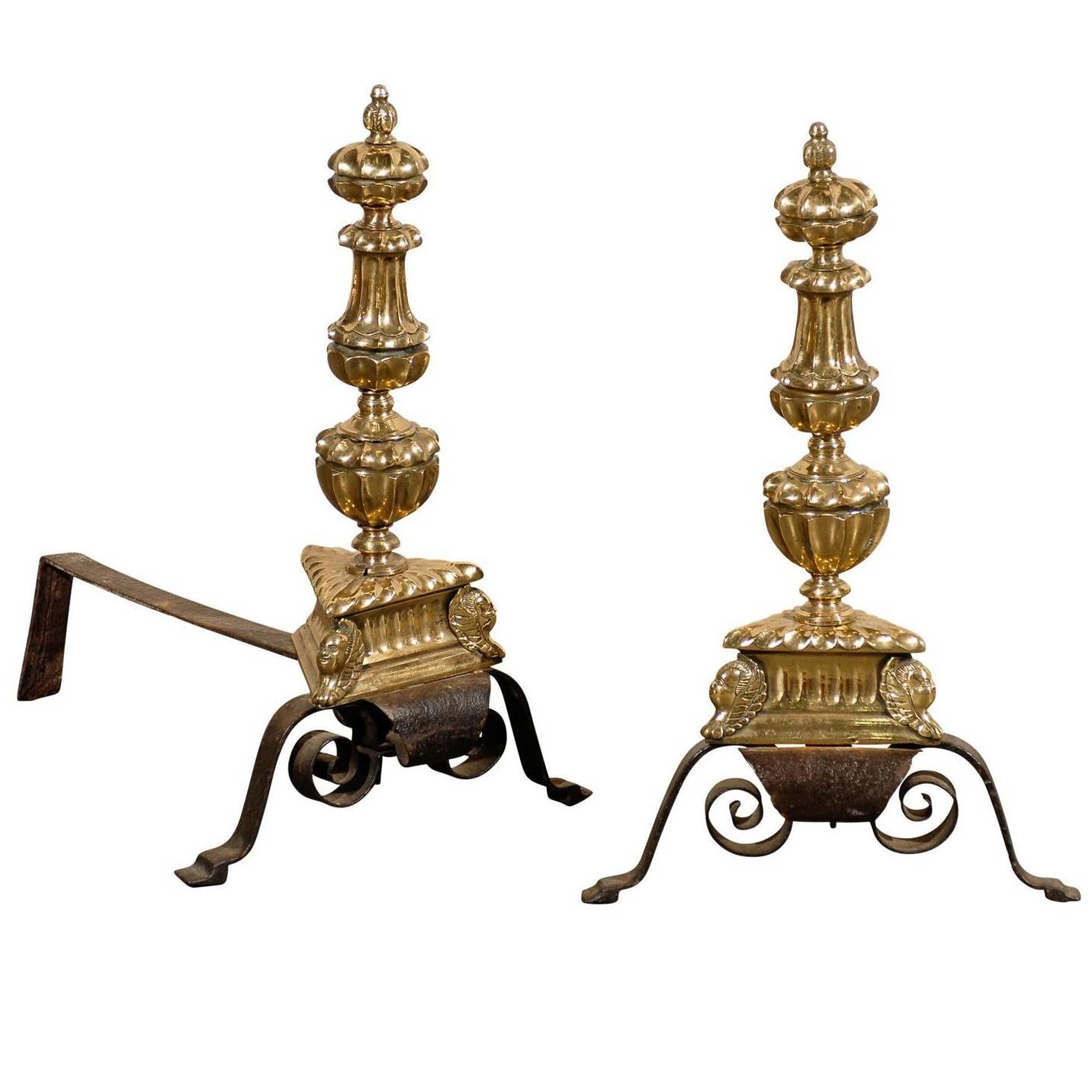 Pair 18th-19th Century English George II Style Wrought Iron and Brass Andirons
