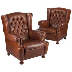 Pair of Vintage French Tufted Wing Armchairs, 1960s 9