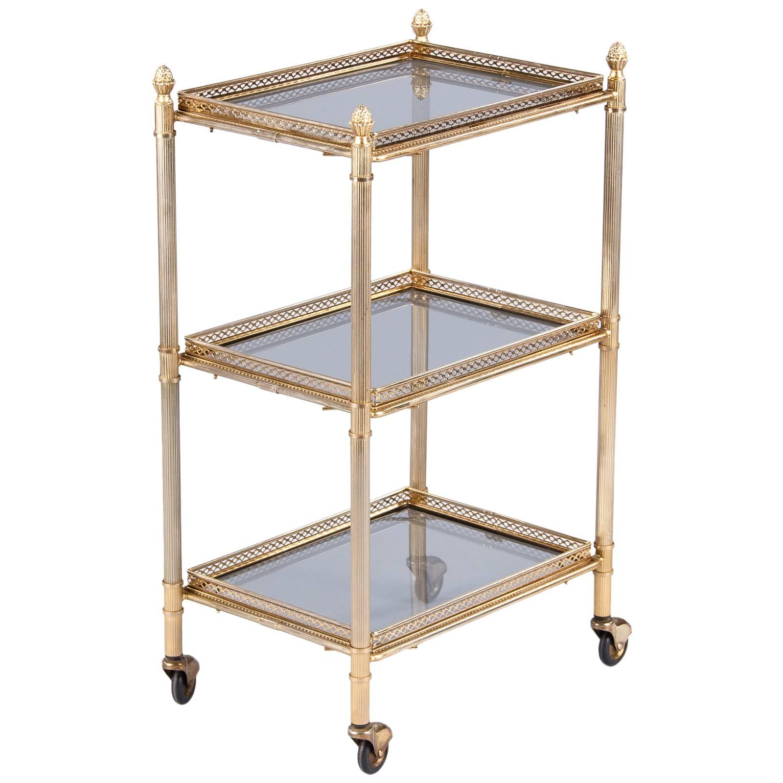 French Mid-Century Brass Three-Tier Bar Cart or Side Table