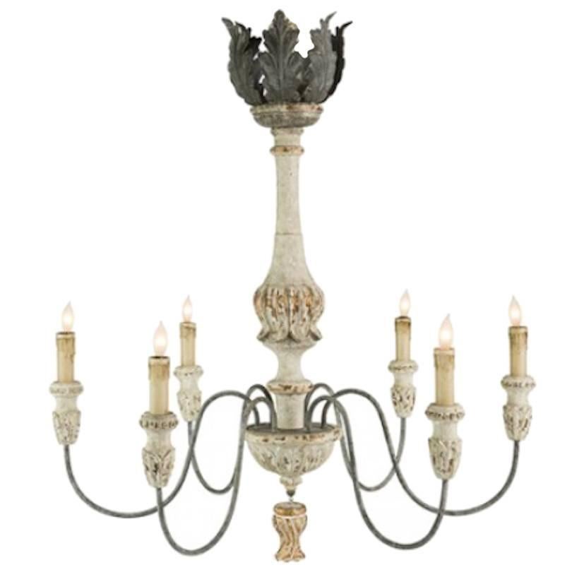 Elegant Pair of Six-Arm Chandeliers, Carved Wood with Painted and Gilt Finish