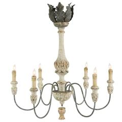 Elegant Pair of Six-Arm Chandeliers, Carved Wood with Painted and Gilt Finish