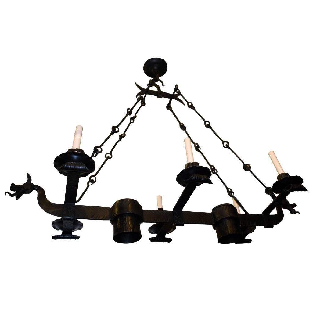 Iron Horizontal Gothic Chandelier with Dragons For Sale