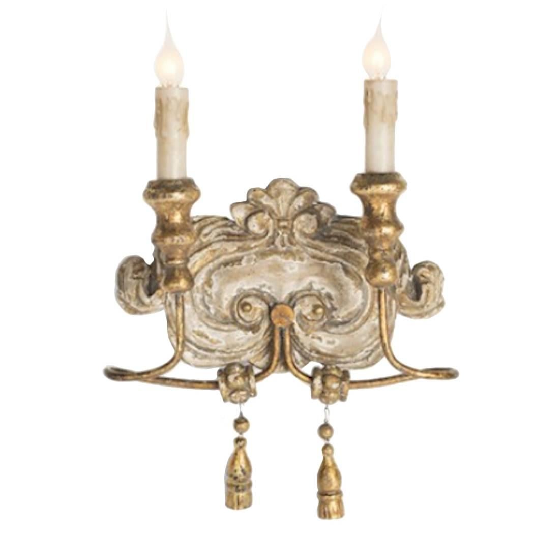 Elegant Set of Six Italian Style Two-Arm Sconces with Lovely Worn Finish For Sale