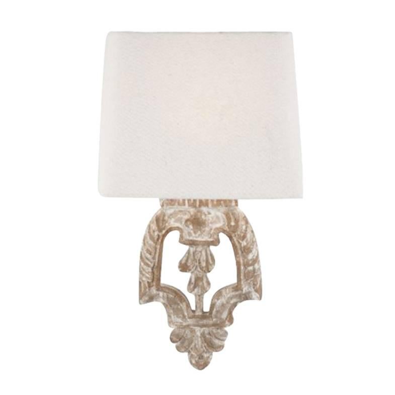 Set of Six Italian Style Carved Wood Fragment Sconces with Linen Shade For Sale