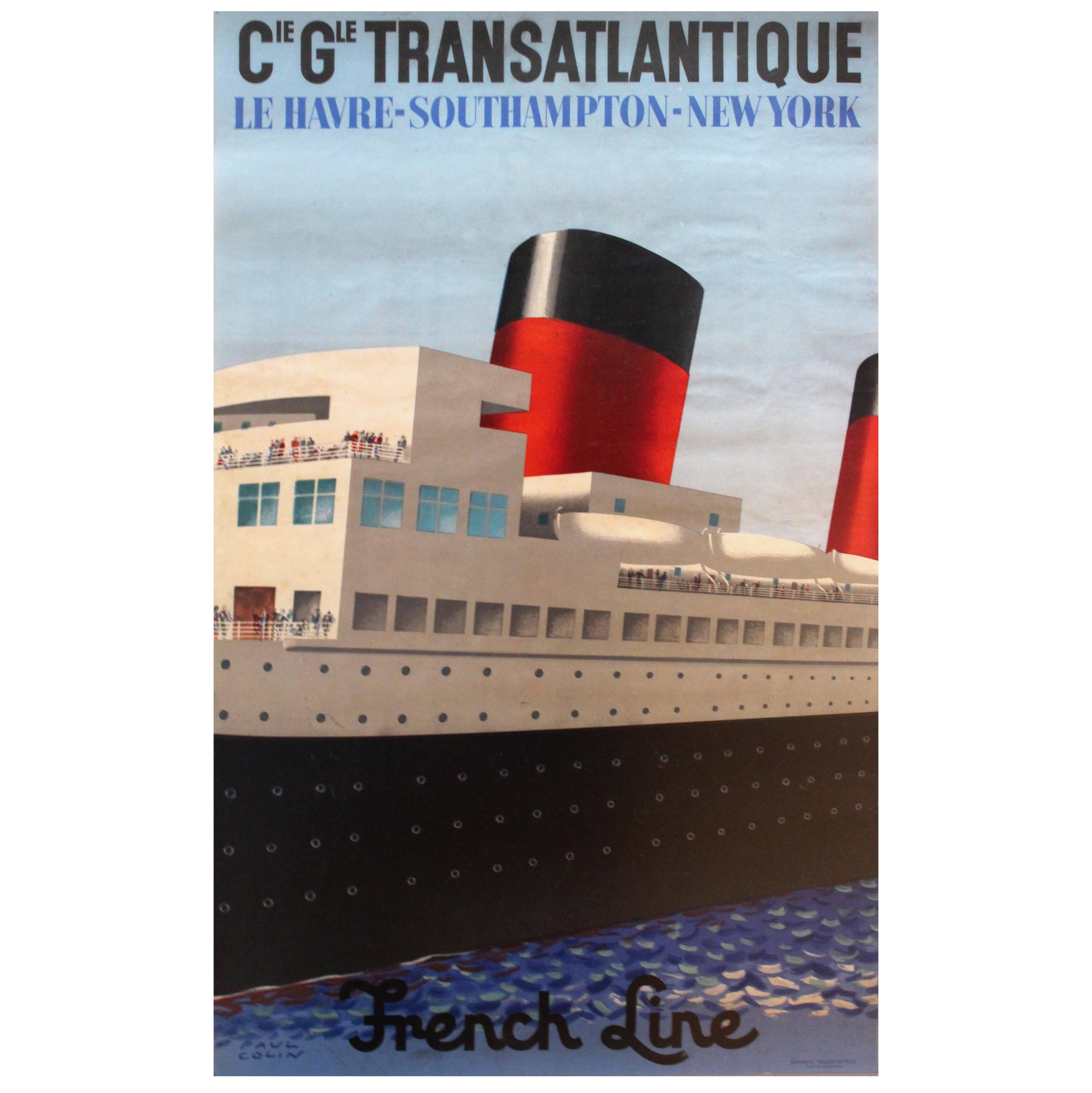 Original 1920s French Line Cruise Ship Poster: Le Havre - Southampton - New York