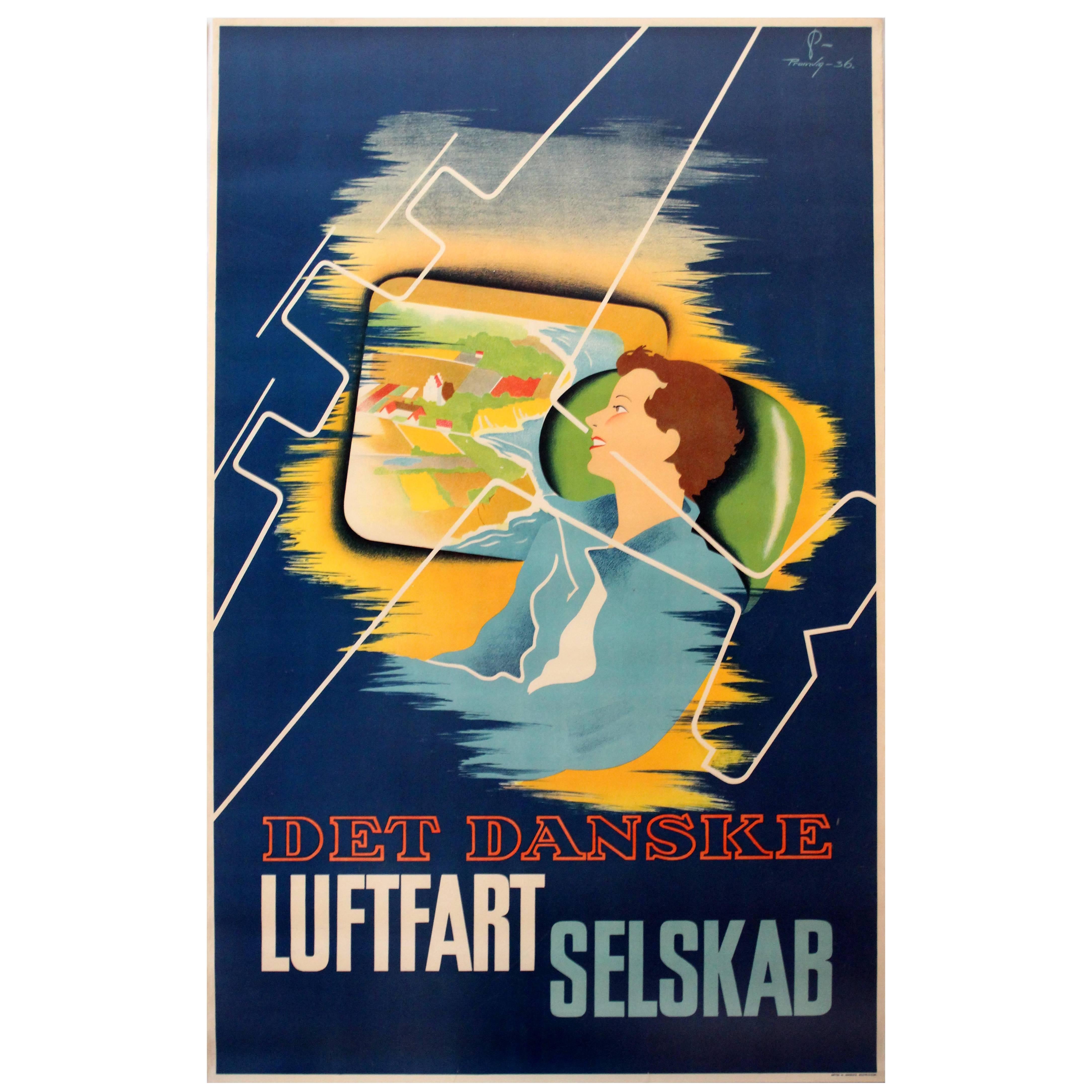 Original 1936 Danish Airlines Advertising Poster, Det Danske Luftfartselskab