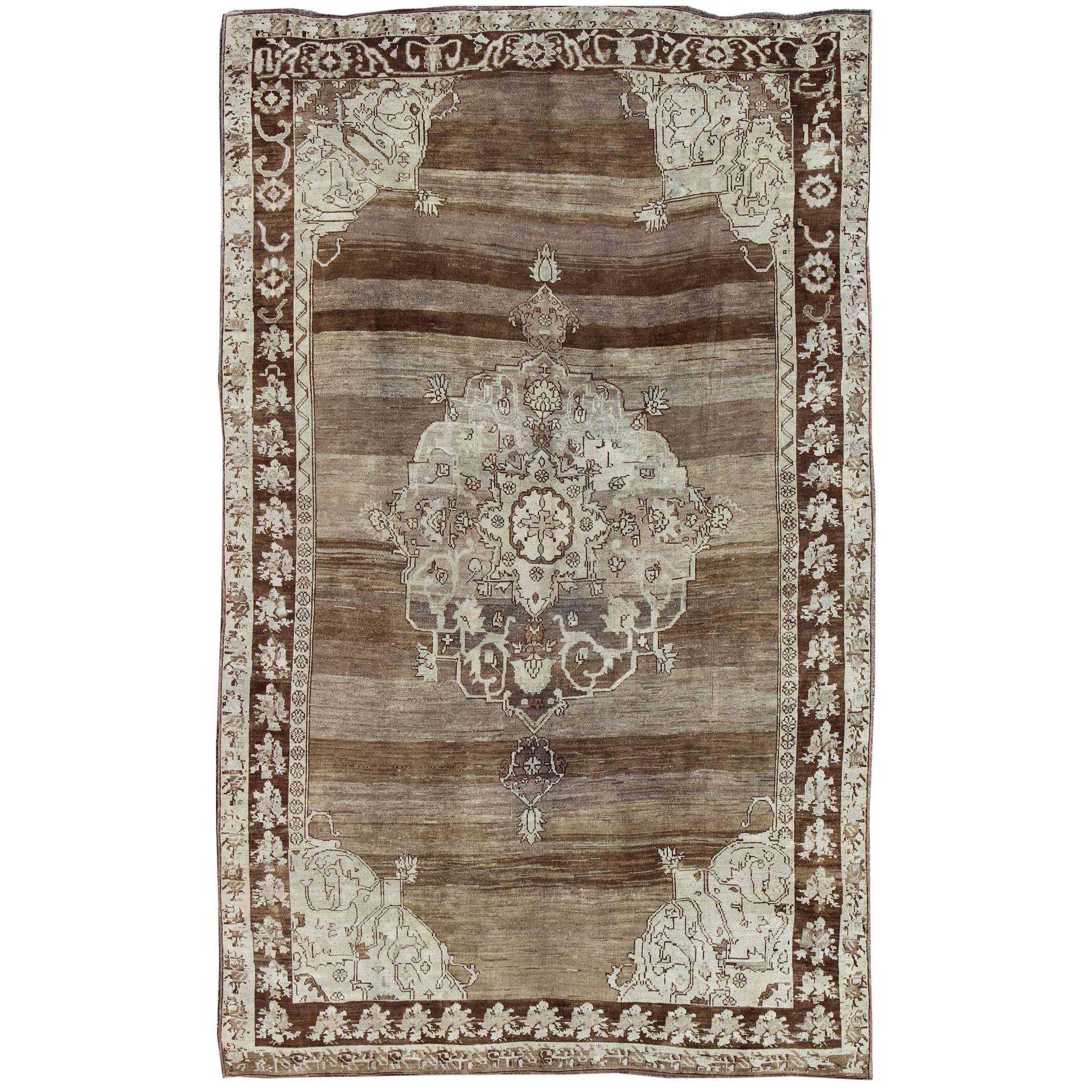 Unique Turkish Kars Carpet in Brown, Gray, Green and Ivory