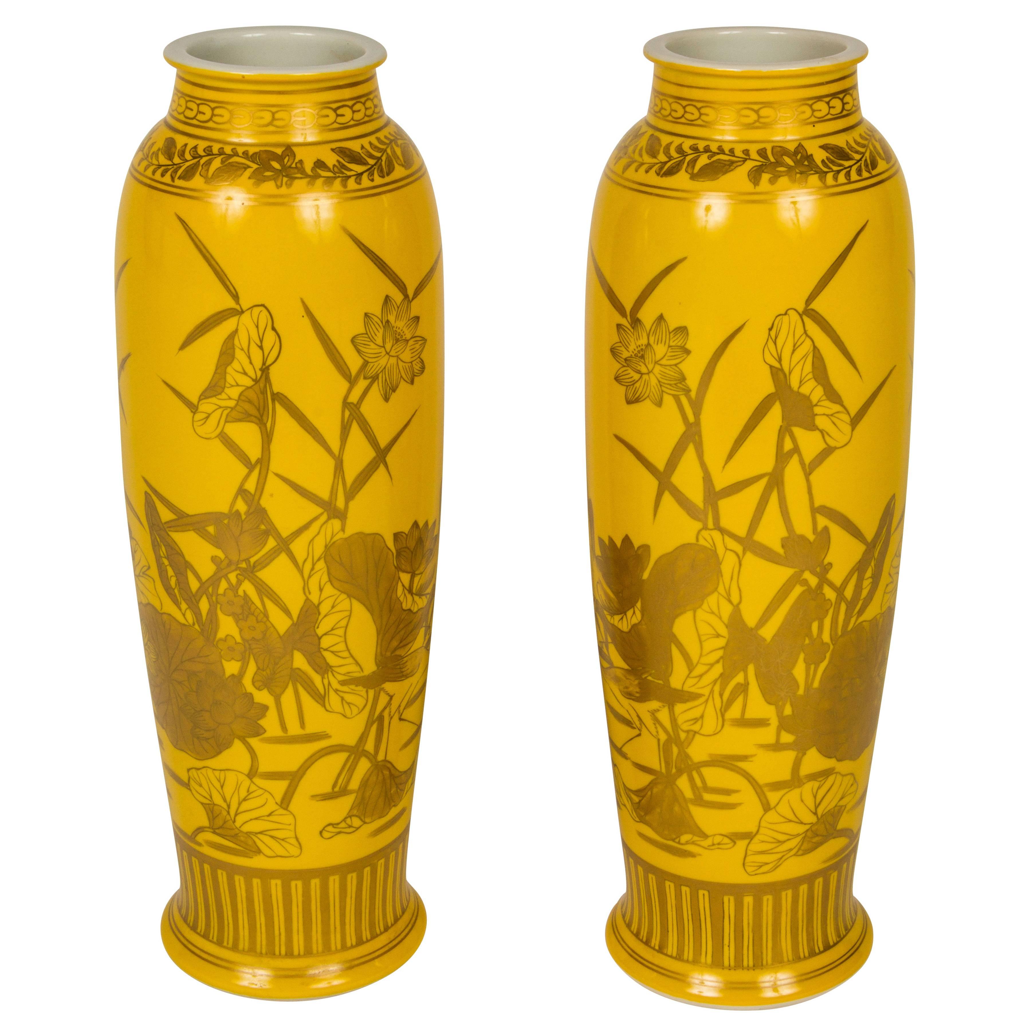 Pair of Yellow Glazed Porcelain Gilt Decorated Vases