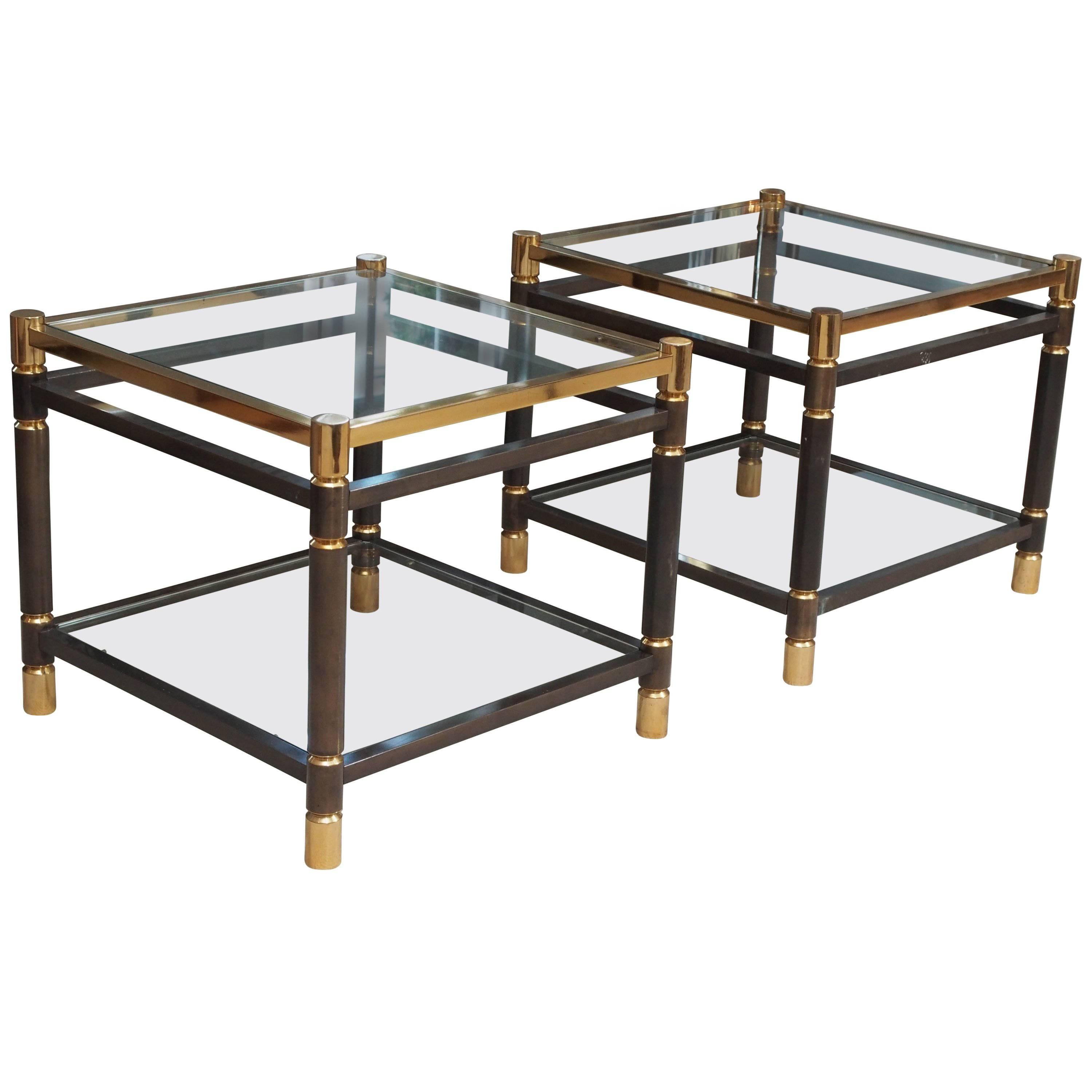 Pair of 1970s Side Tables or End Tables in Steel and Golden Plate For Sale
