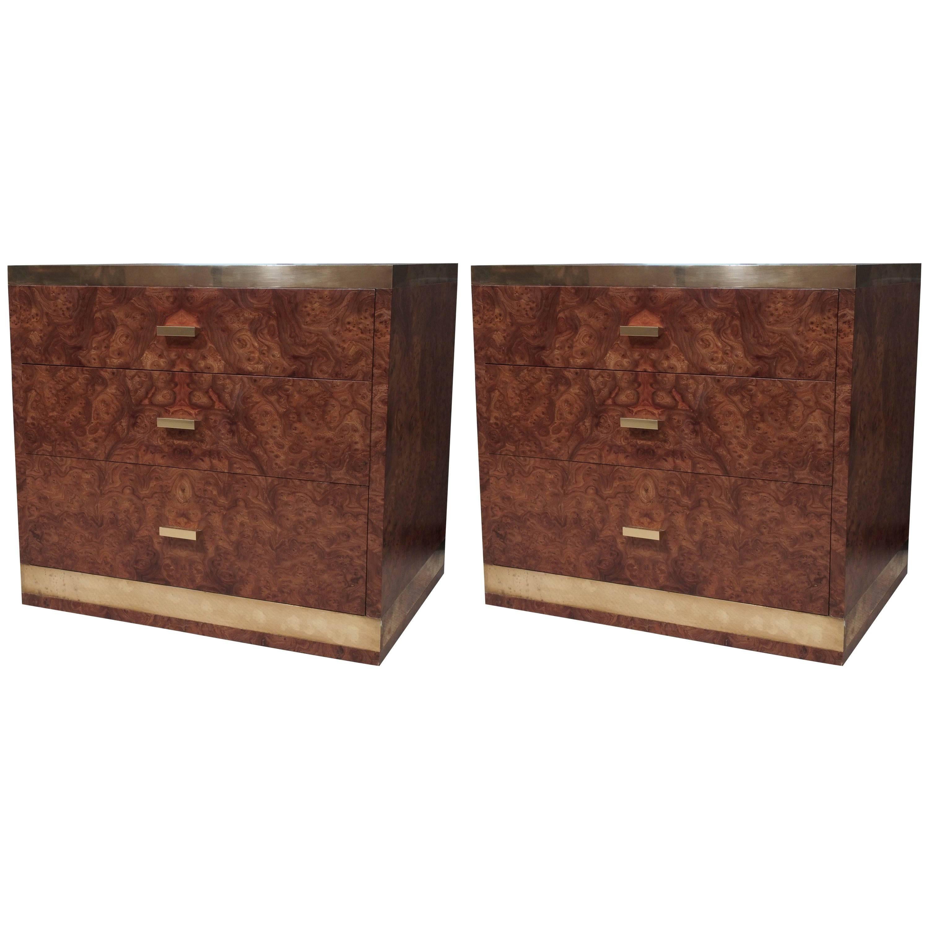 Rare Pair of Burl and Brass Nightstands or Side Tables Signed Willy Rizzo For Sale