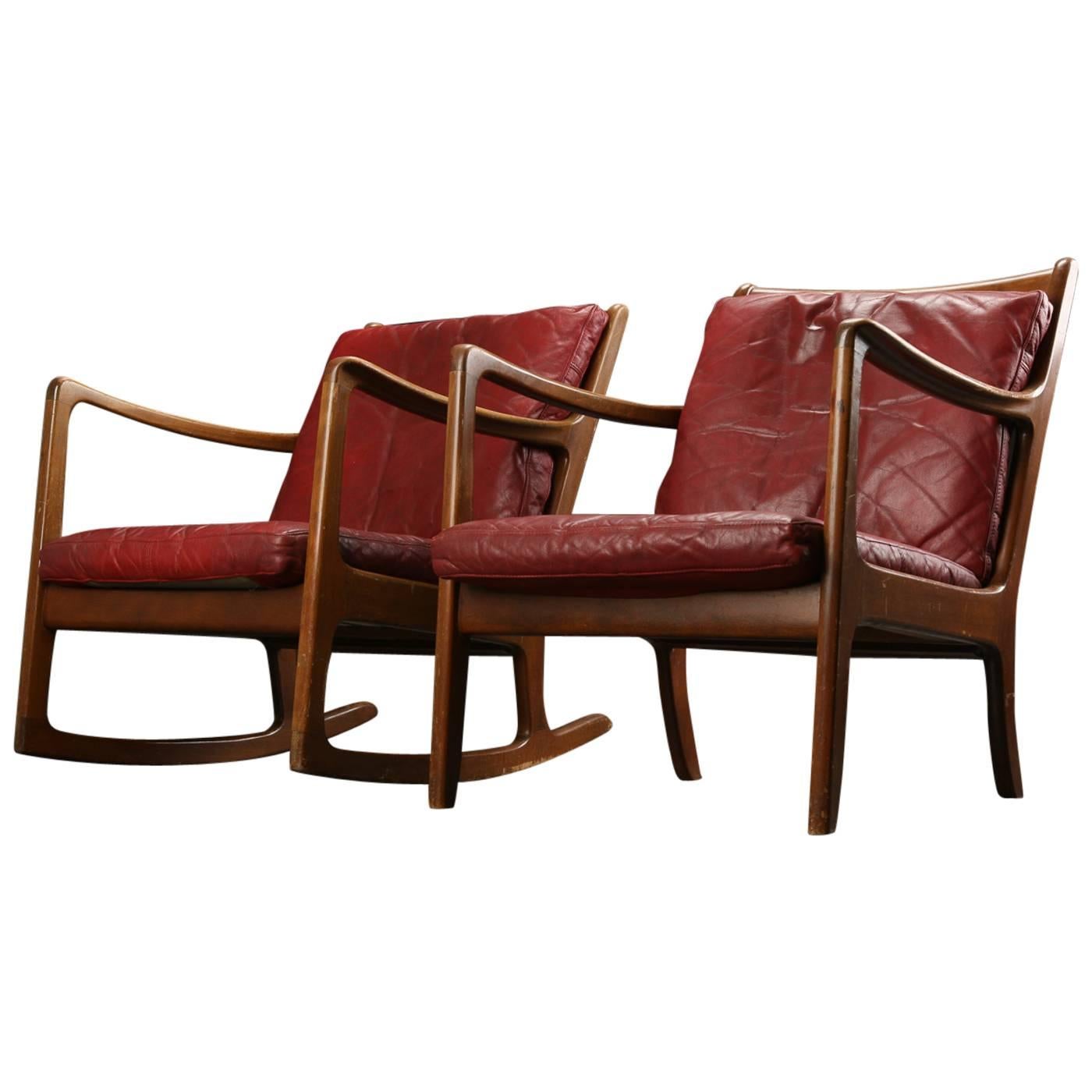 Ole Wanscher Rocking and Lounge Chairs in Red Leather