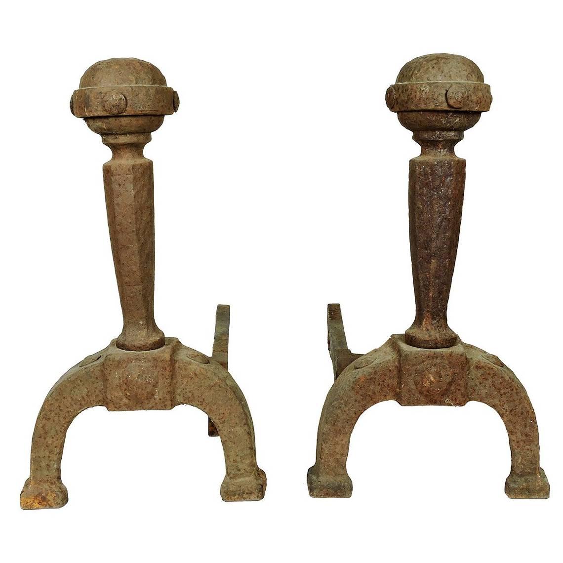 Pair of Arts & Crafts Period Forged Iron Banded Ball Top Andirons For Sale