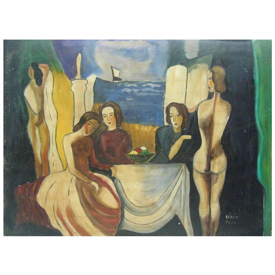Painting (Seated Women with Nudes) Signed Bela Kadar, Hungary (1877-1955)