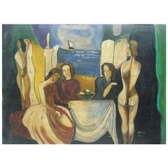 Peinture (Femmes assises avec des nus) signée Bela Kadar, Hongrie (1877-1955)