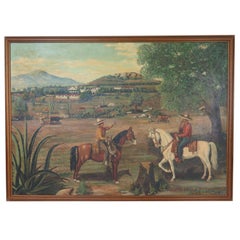 Excellent Painting of Two Early Rancheros on the Hacienda with Agaves