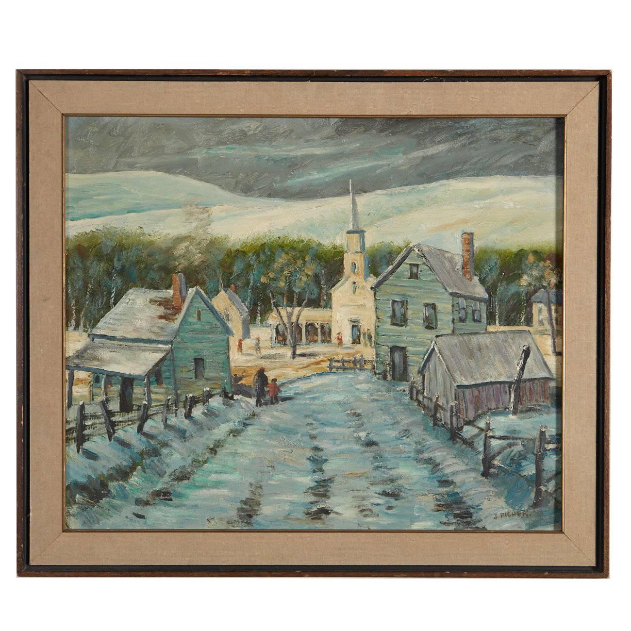 J. Picher, Vermont Village in Winter, 1962, Oil on Canvas For Sale