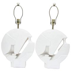 Pair of Sculptural and Textural White Plaster of Paris Cubist Lamps