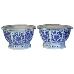 Pair of Blue and White Porcelain Jardinieres