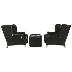 Vintage Wingback Chairs in Natural Black Brazilian Cowhide
