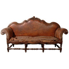 18th Century Spanish Colonial Settee, Old Leather