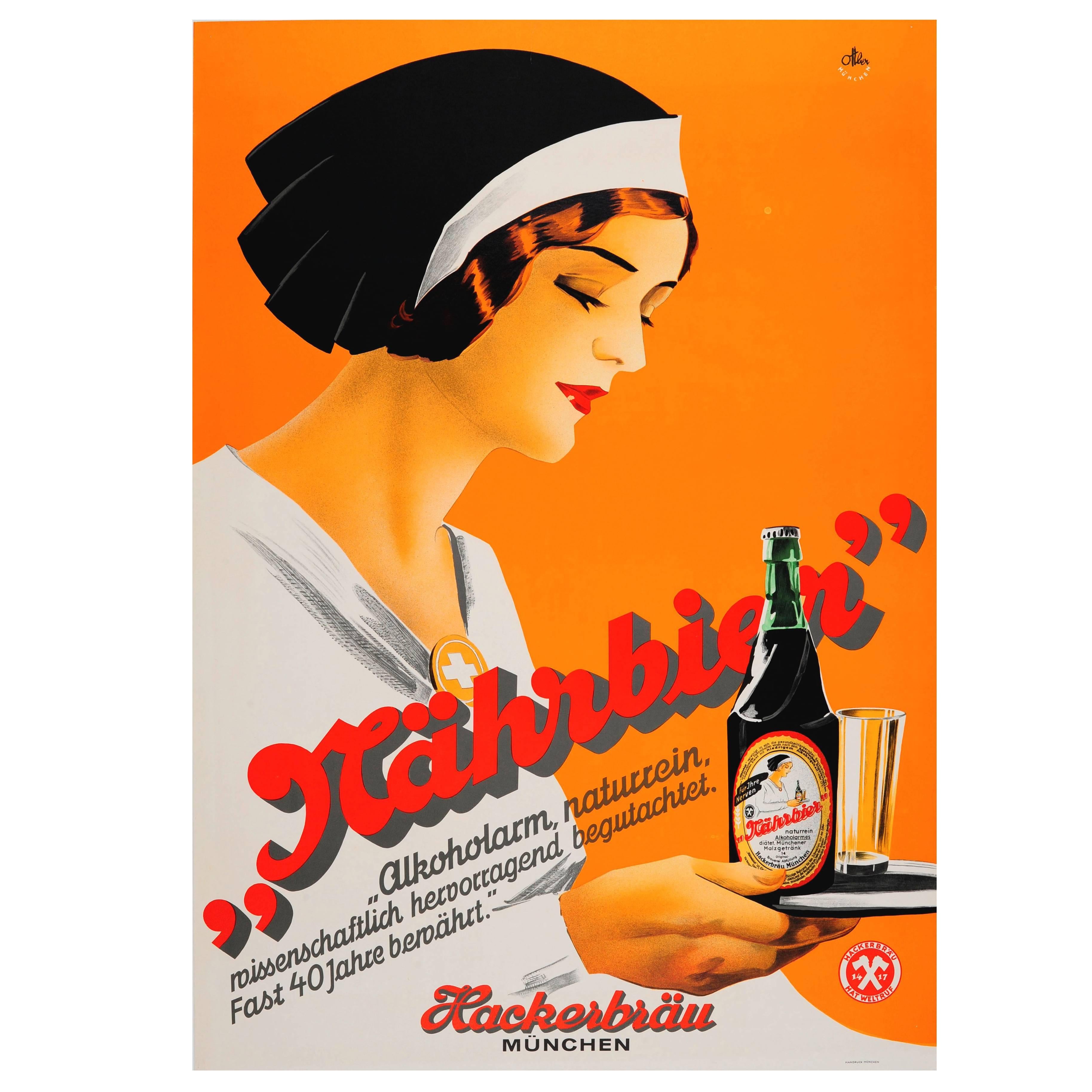 Original Vintage 1930s Art Deco Beer Poster For The Hackerbrau Brewery In Munich