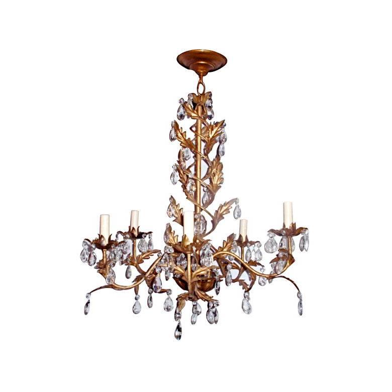 Gilt Metal Chandelier with Crystals