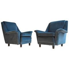Pair of Original Blue Velvet Armchairs, Italy, 1950s 12