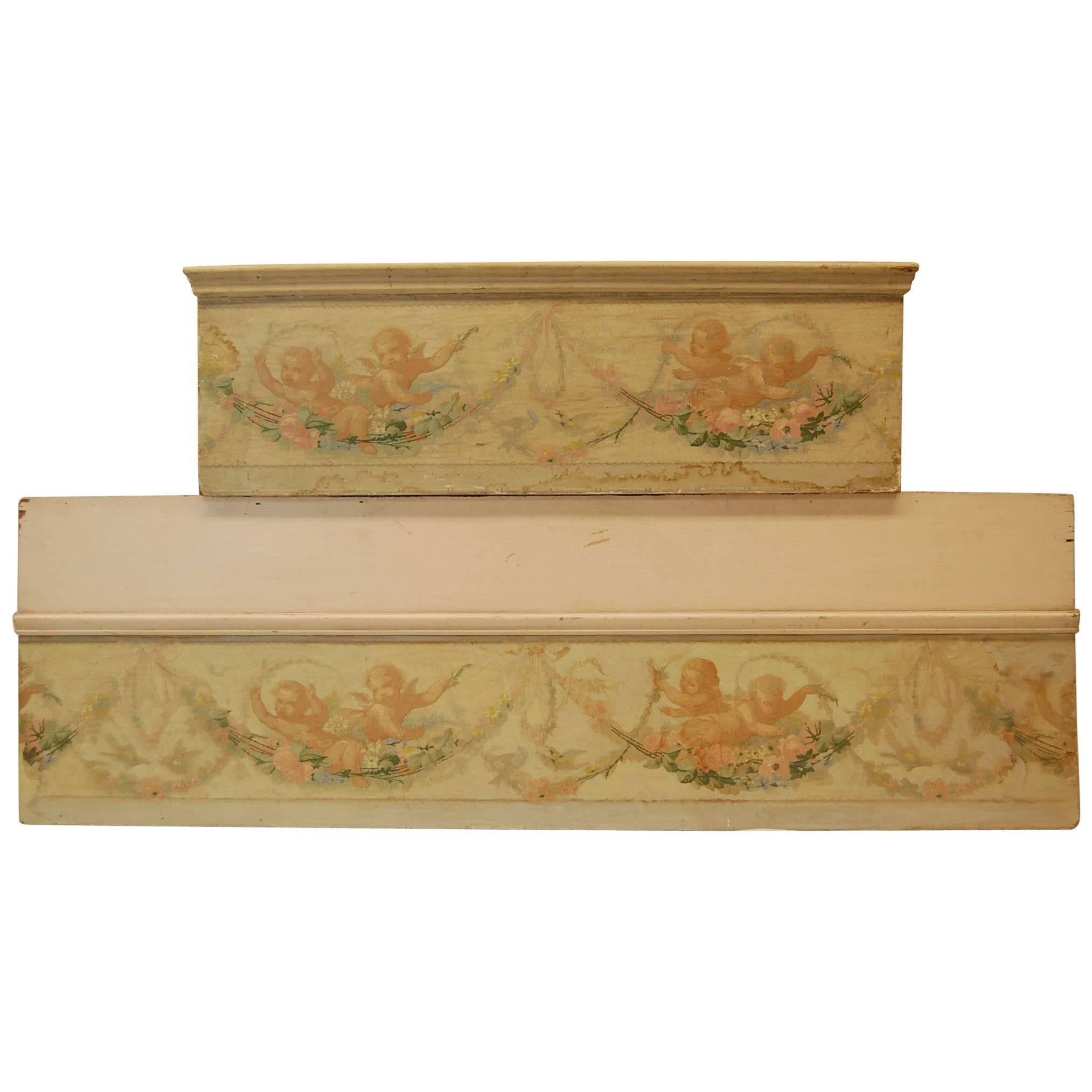 Two Antique French Painted Cherubs on Paper Mounted to Plywood Valences For Sale