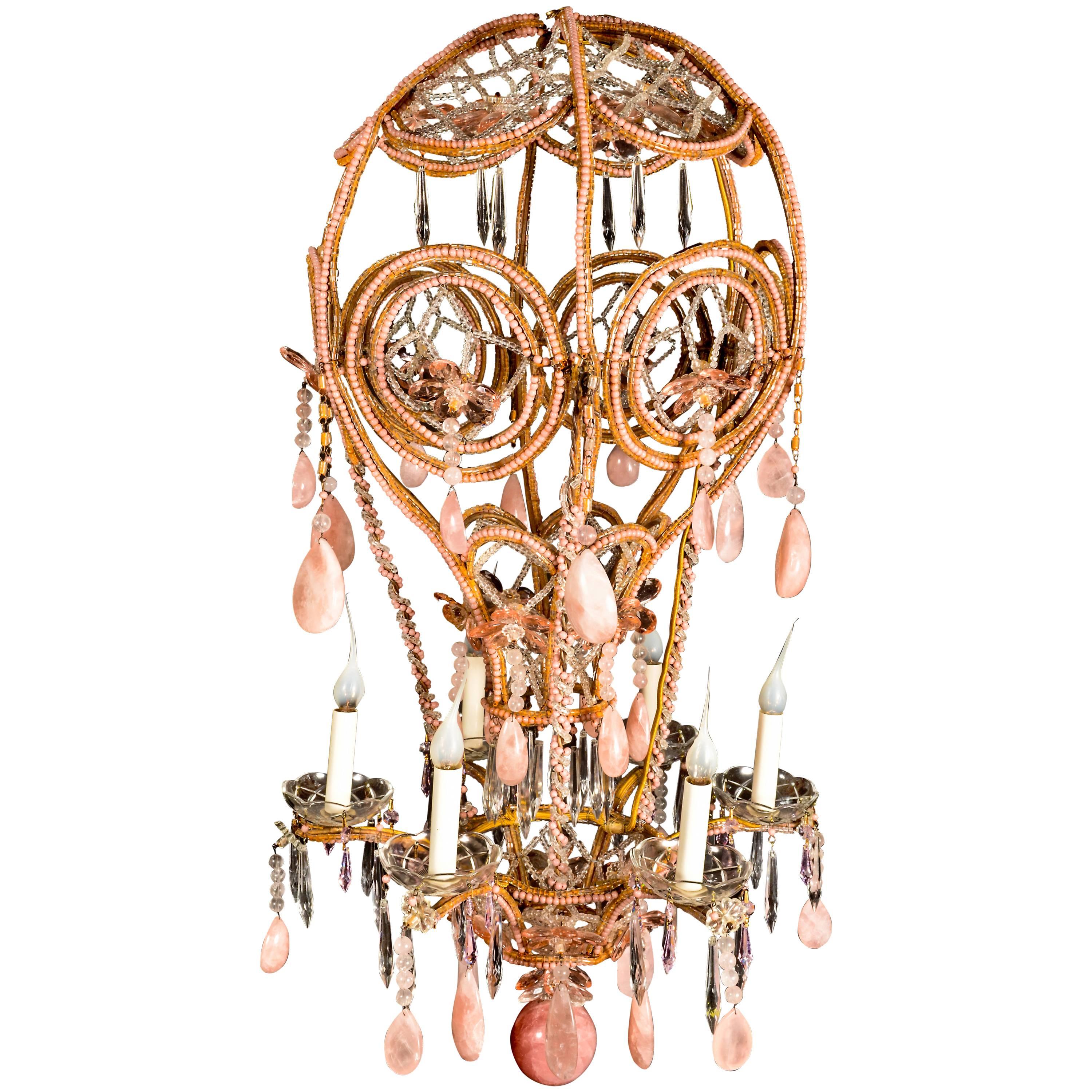 Superb Antique French Baguès Style Pink Rock Crystal and Crystal Chandelier