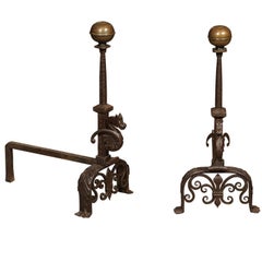 Pair of 18th Century Italian Iron and Brass Andirons with Dragons