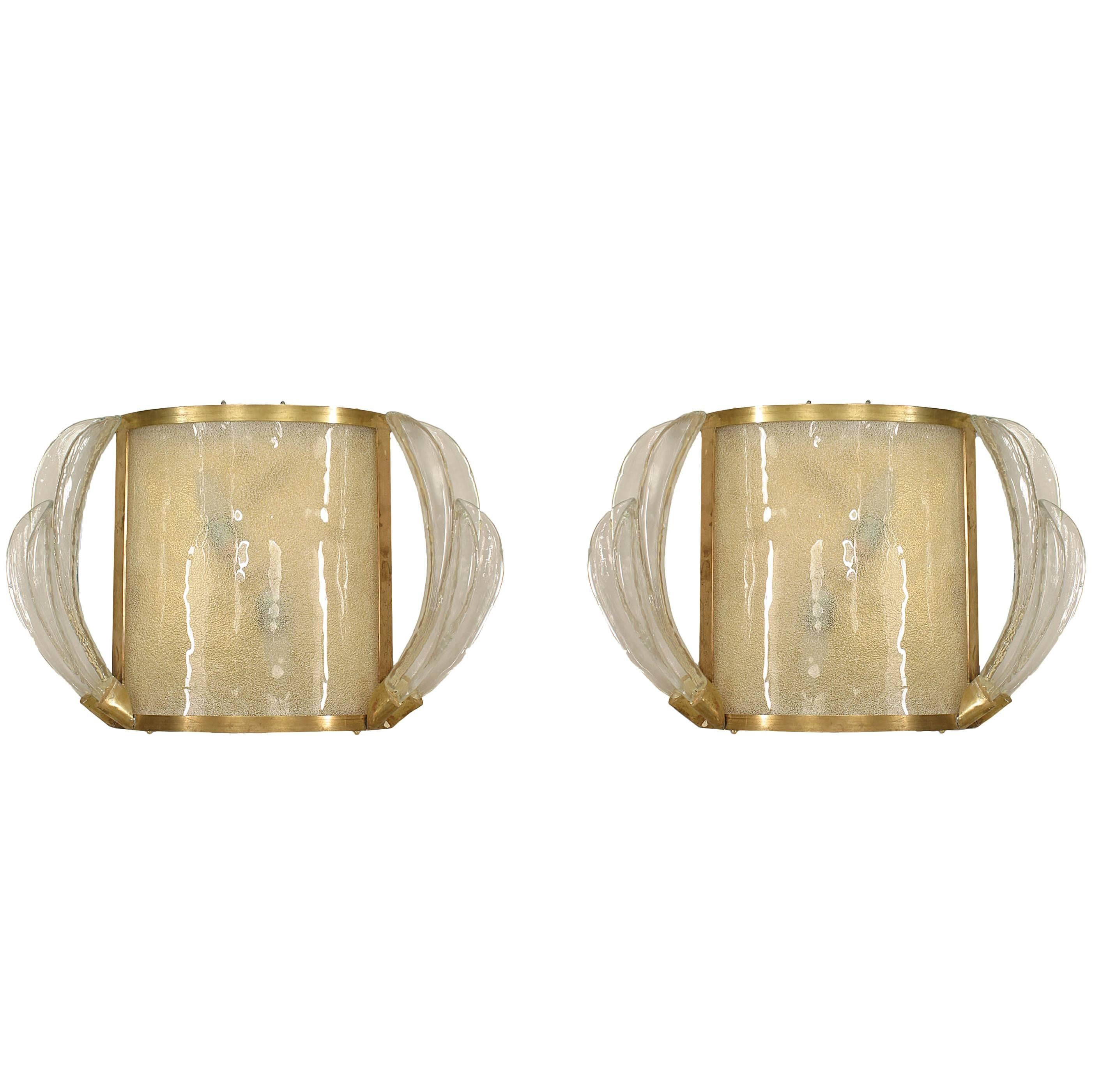 Pair of French Mid-Century Murano Glass and Brass Wall Sconces For Sale