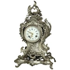 19th Century French Rococo Nickel Washed Bronze Mantel Clock