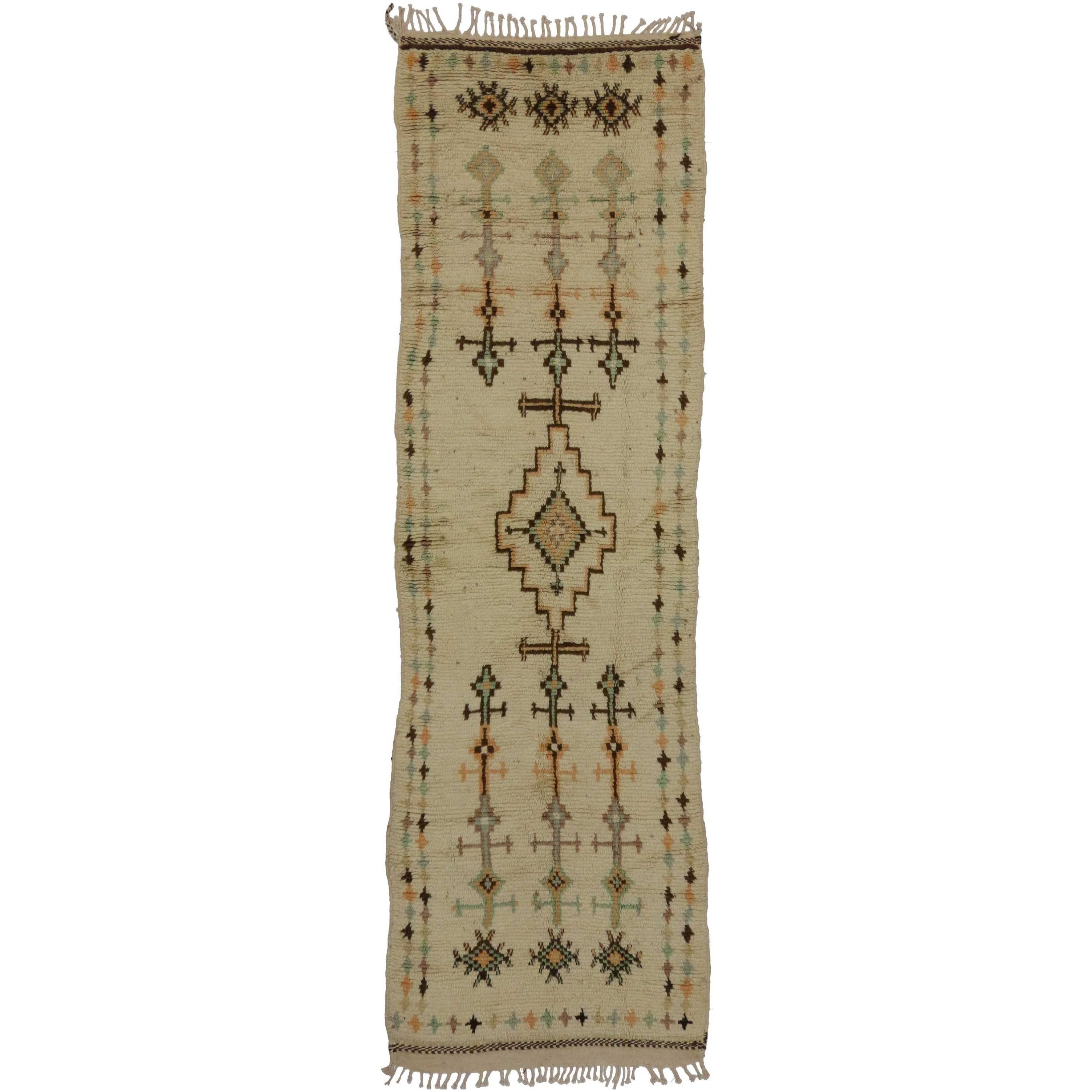 Mid-Century Modern Berber Moroccan Runner with Tribal Design in Light Colors