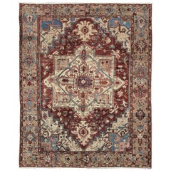 Antique Persian Serapi Carpet With Medallion In Reddish Brown Tan and Light Blue