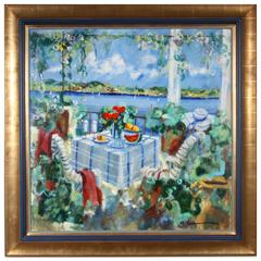 Alexander Rouband Oil on Canvas Still Life of a Seaside Deck