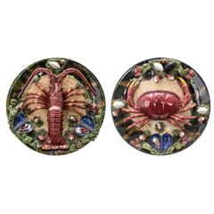 Pair of Palissy Style Majolica Lobster and Crab Wall Plates