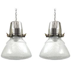 Pair of Nickel-Plated and Textured Glass Pendant Lights, Germany, circa 1970