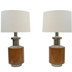 Pair of Mid-Century Modern Italian Silvered Metal and Burl Wood Table Lamps