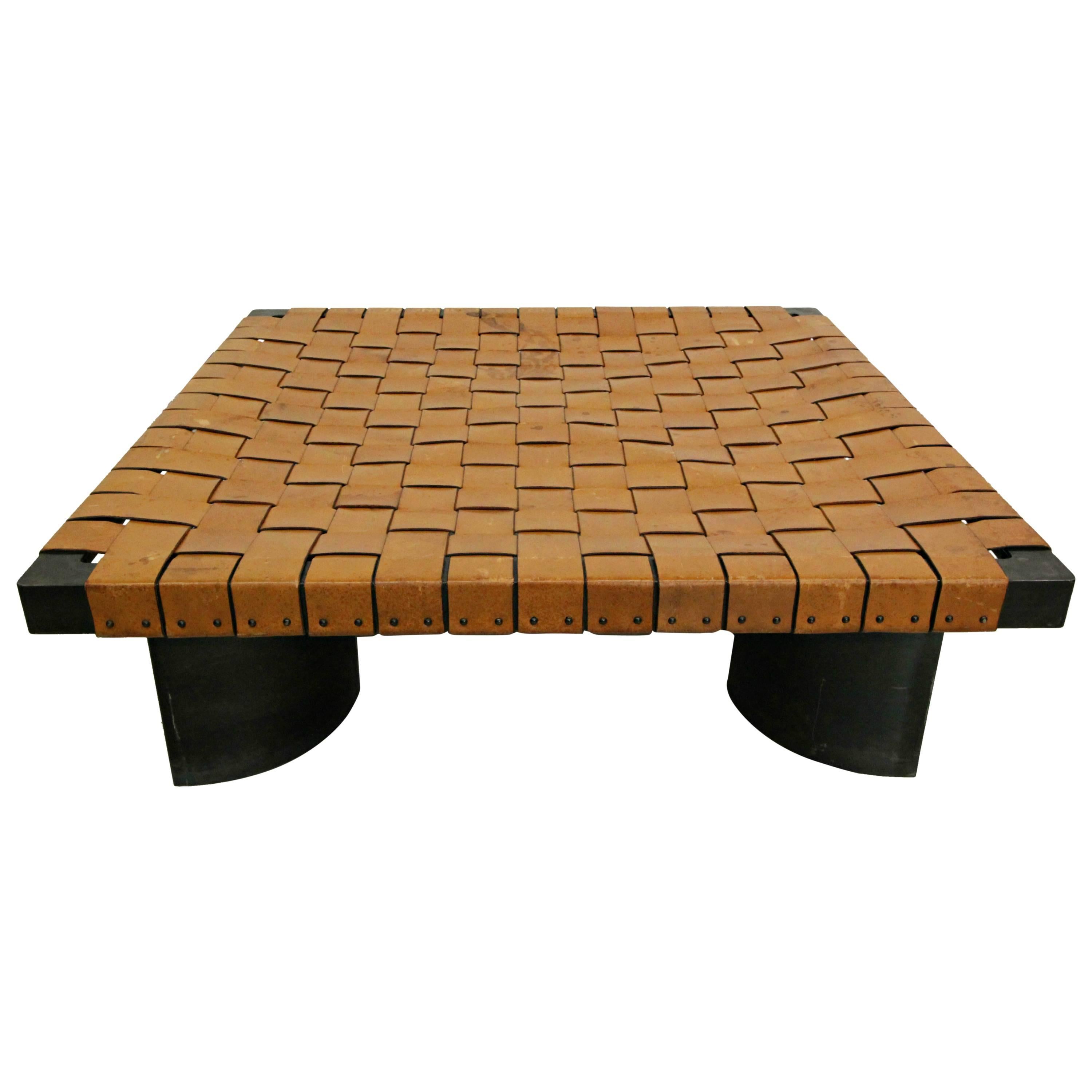 Industrial Woven Leather and Steel Coffee Table