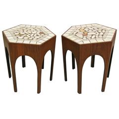 Vintage Pair of Midcentury Harvey Probber Walnut and Tile Hexagonal Side Tables