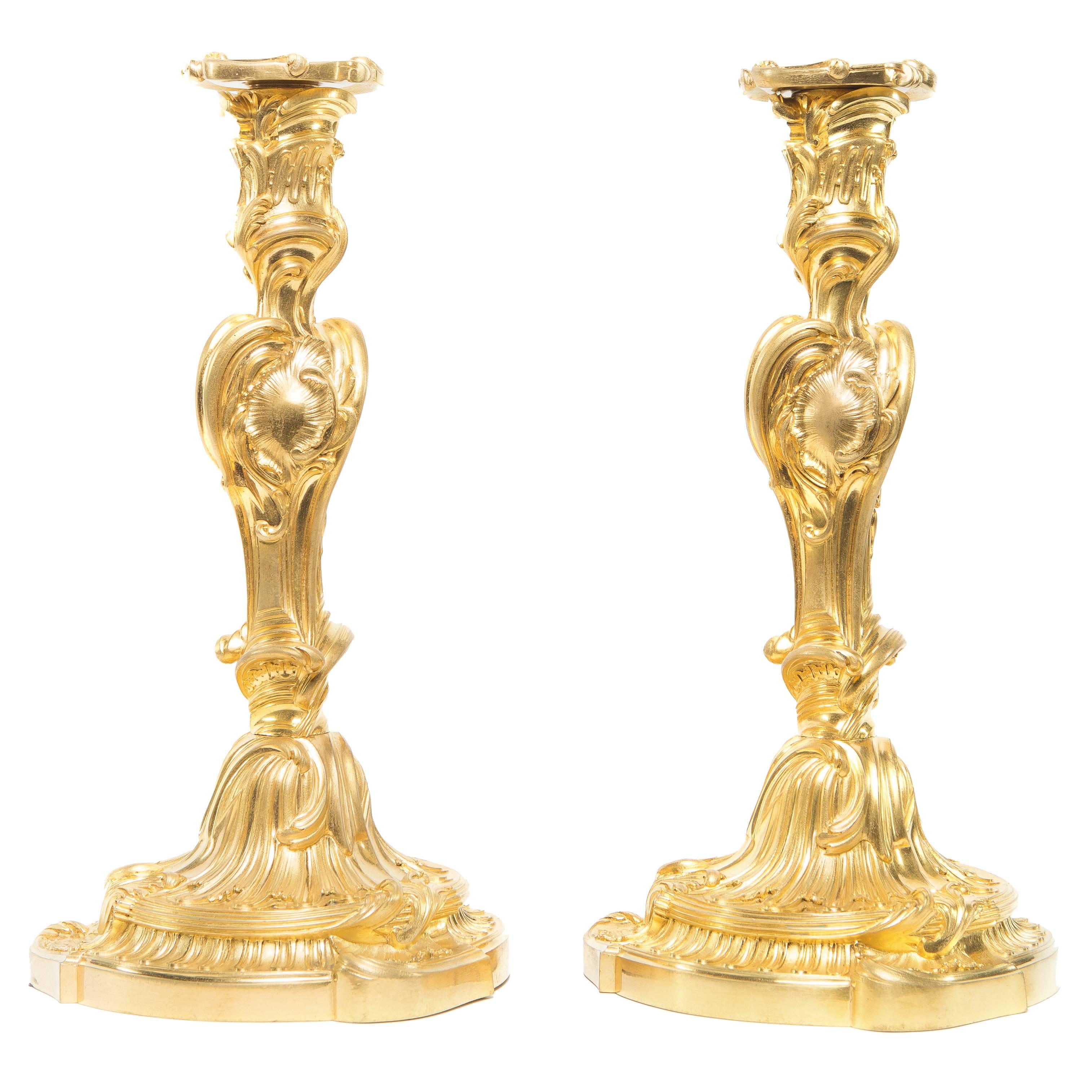 Very Fine Pair of Large Louis XV Style Ormolu Candlesticks For Sale