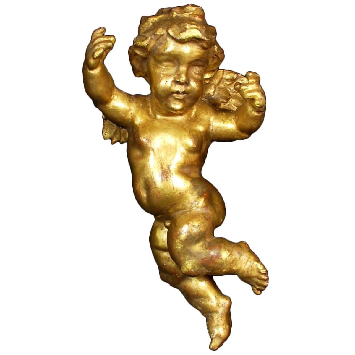 Early 19th Century Antique Gold Painted Wooden Cherub
