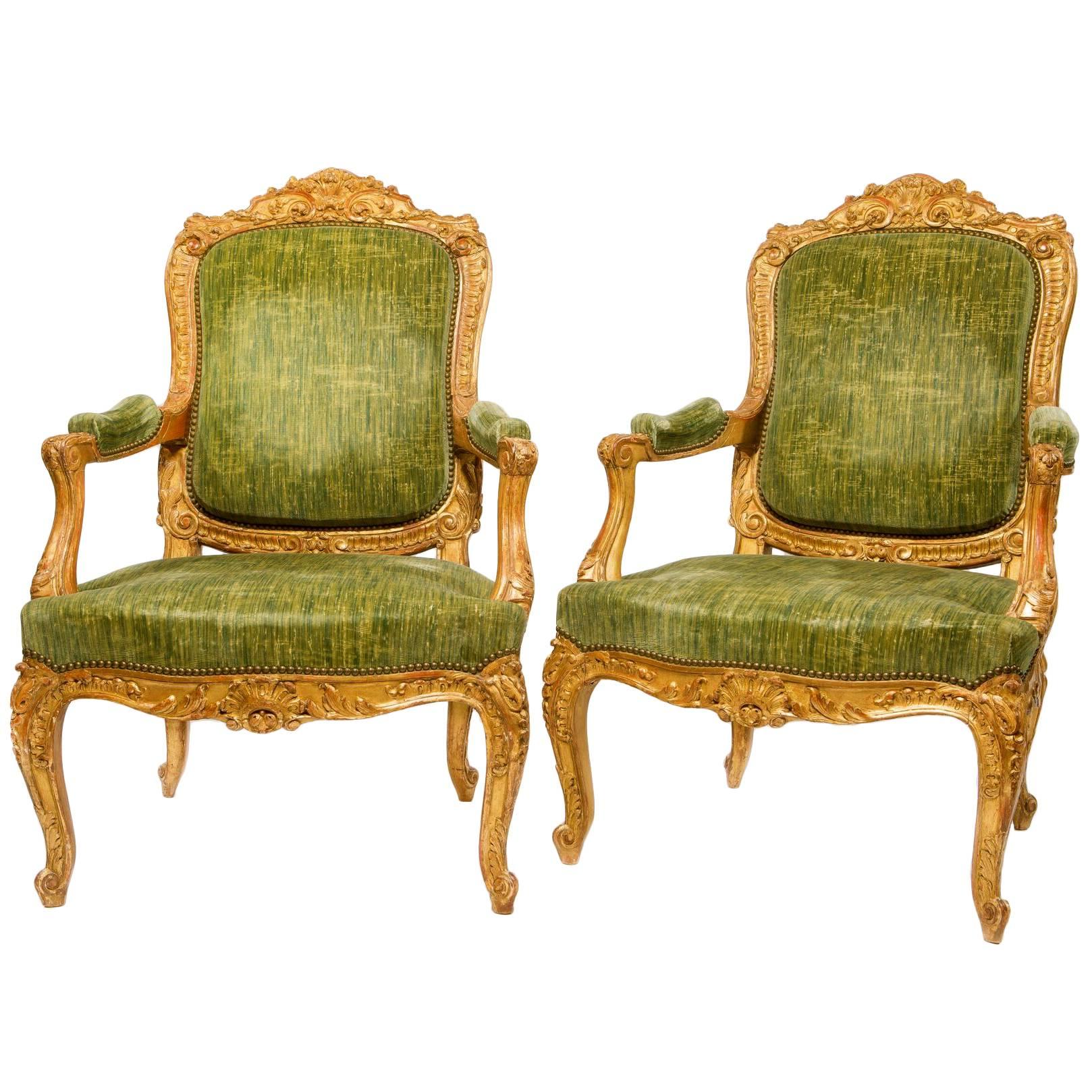 Fine Pair of Large Louis XV Style Gilt-Wood Fauteuils En Cabriolet For Sale