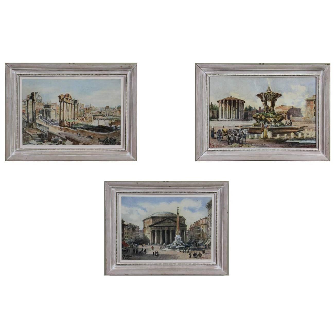 Group of Three 19th Century Signed Watercolor Scenes of Classical Rome