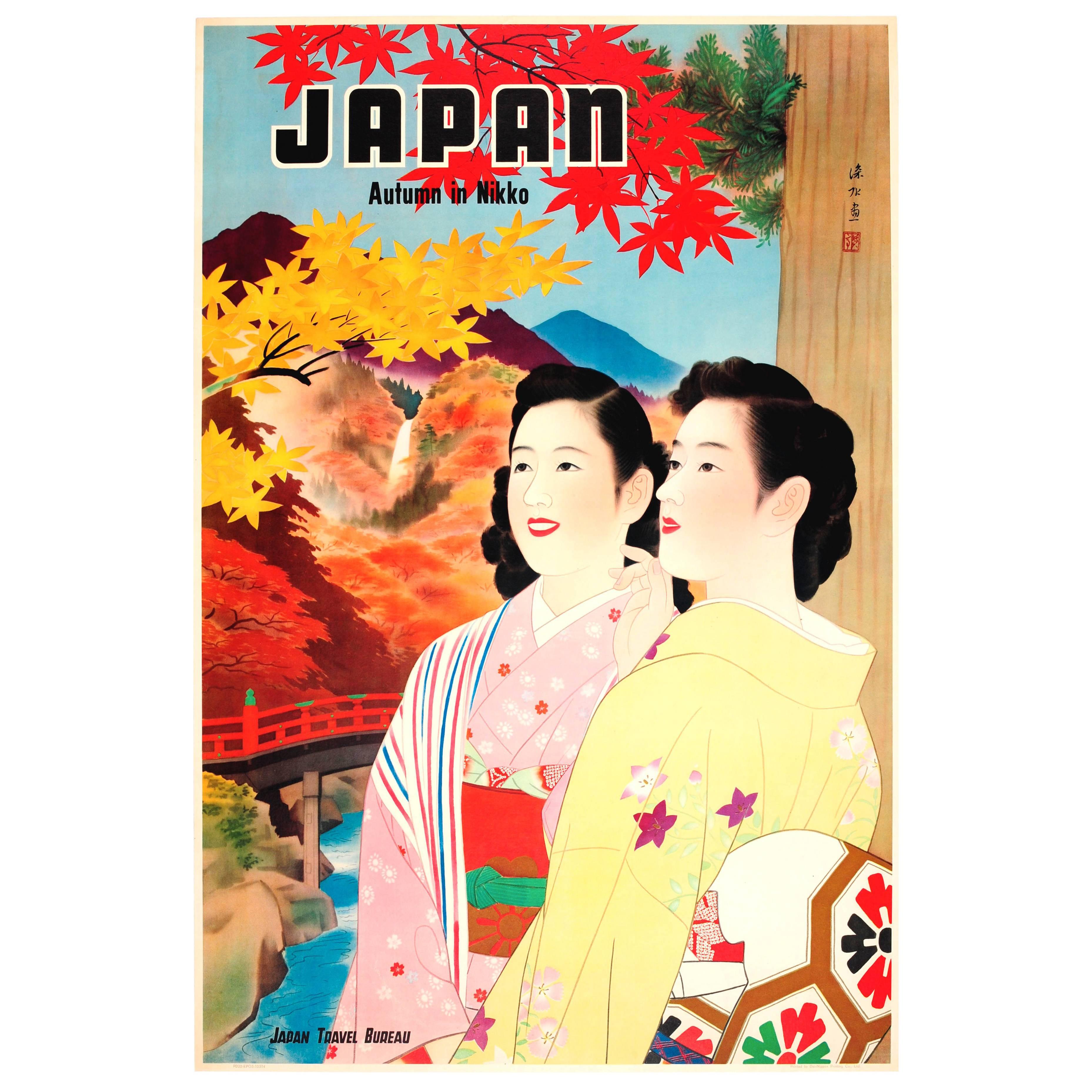 Original Vintage Japan Travel Poster Autumn In Nikko ft Country View River Hills For Sale
