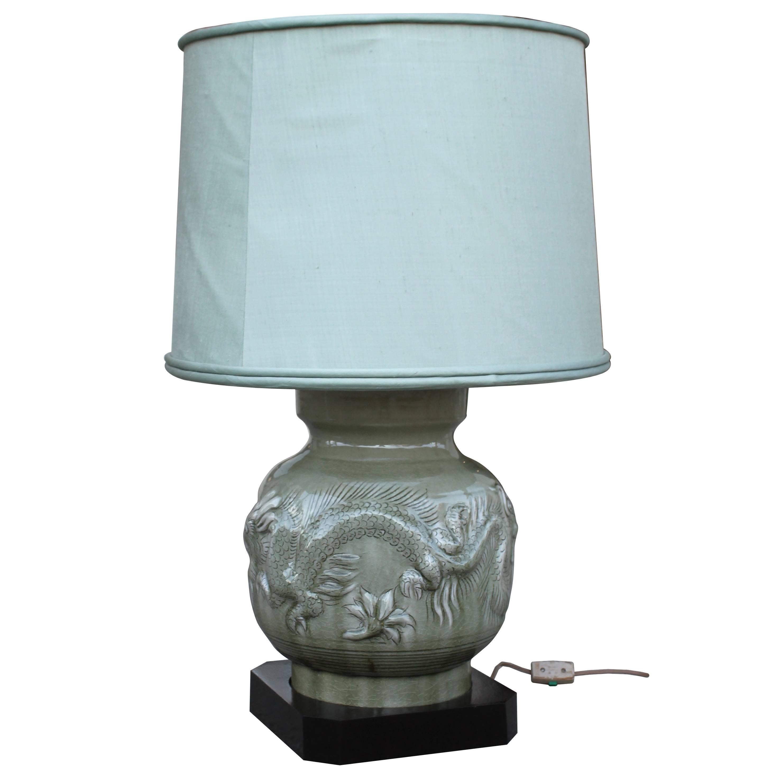 Vintage Celadon Dragon Lamp with Silk Shade For Sale